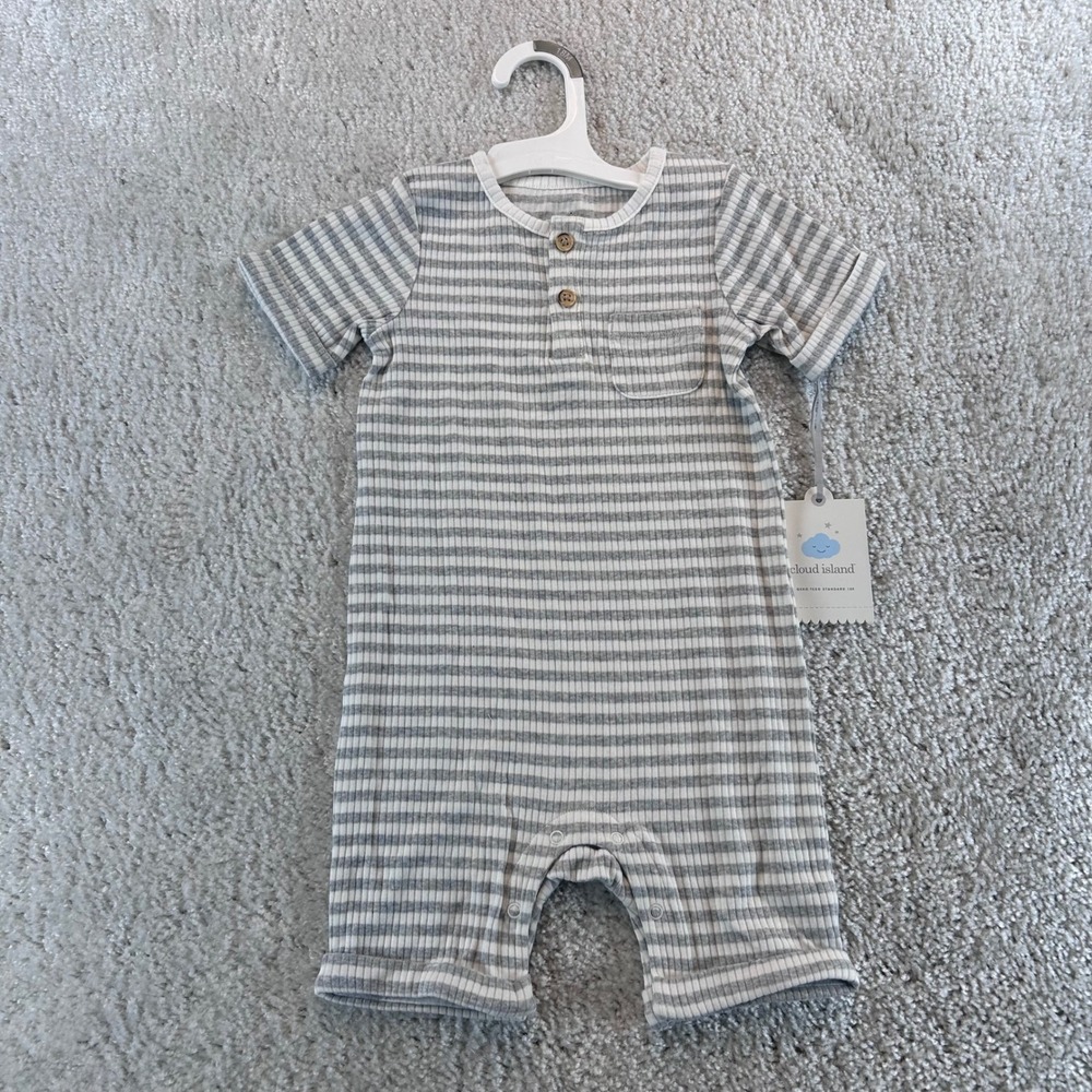 Cloud Island Baby Gray White Striped Ribbed Henley Romper 18M NEW